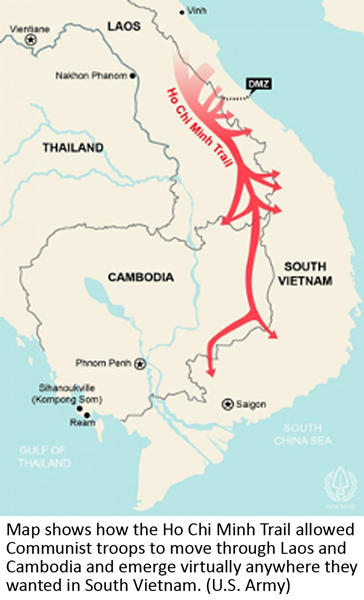 Map shows how the Ho Chi Minh Trail allowed Communist troops to move through Laos and Cambodia and emerge virtually anywhere they wanted in South Vietnam. (U.S. Army)